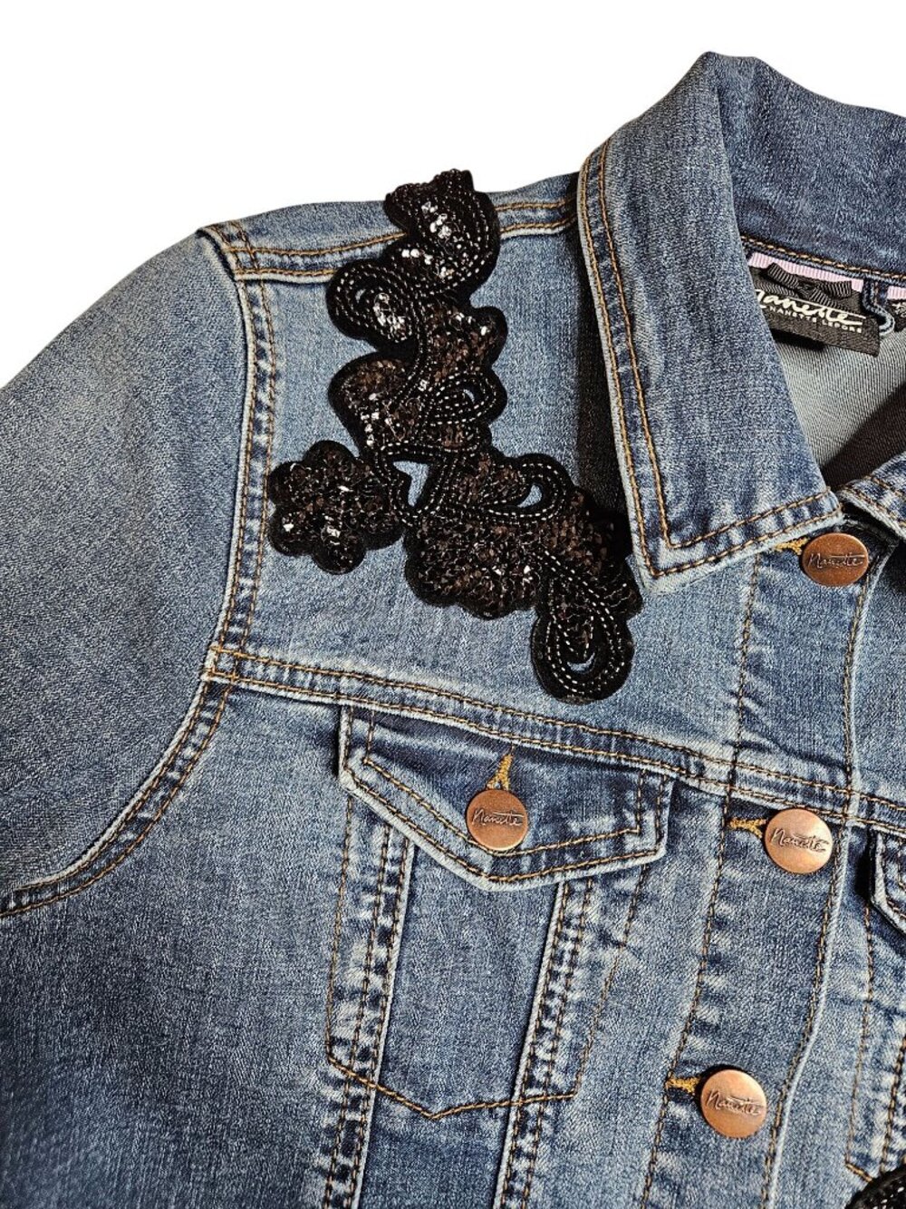 Nanette Lepore Womens XS Denim Button Jacket Black Sequin Floral Streetwear - Picture 8 of 11
